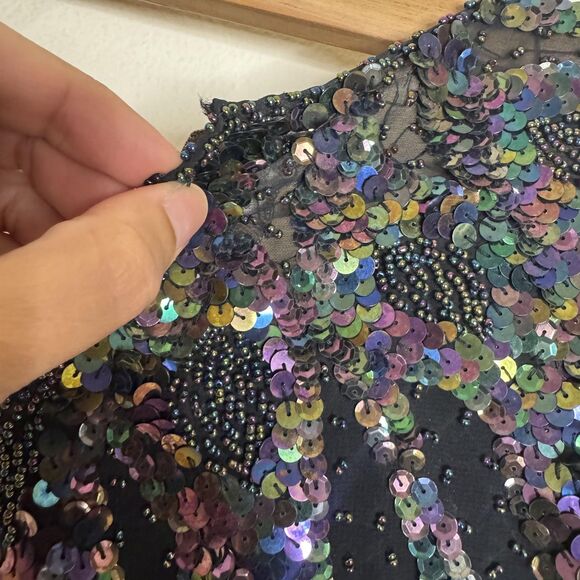 Vintage Iris Sequin Top Womens Medium Black Iridescent Beaded Party Blouse 80s - Picture 12 of 14